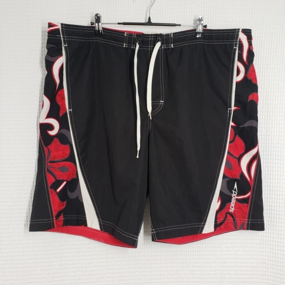Vintage Speedo Swim Trunks Mens XL Black Red Hawaiian Y2K Mesh Lined Drawstring